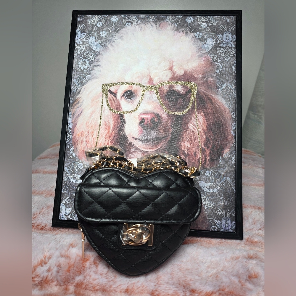 bebe Black Quilted Heart Mini Crossbody with Gold Chain